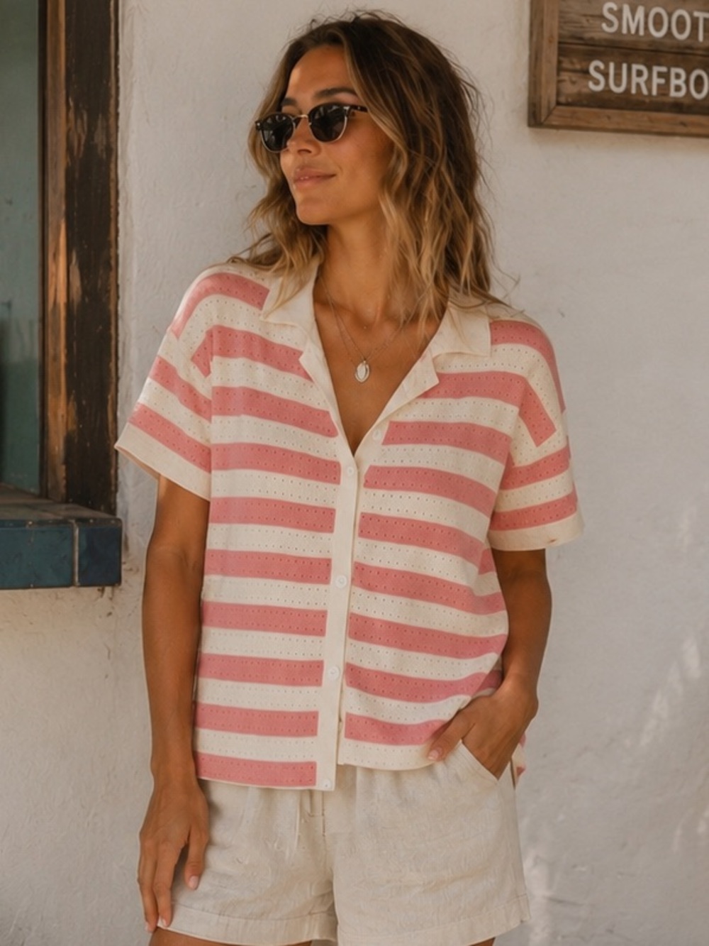 NWOT PrettyGarden Pink and White Striped short sleeve cardigan M